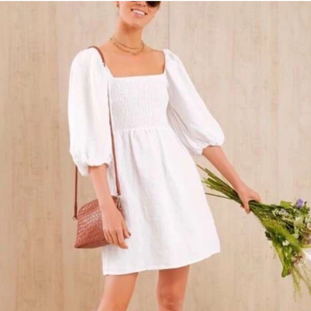 Tuckernuck | Annie White Puff Sleeve Mini Milkmaid Linen Dress